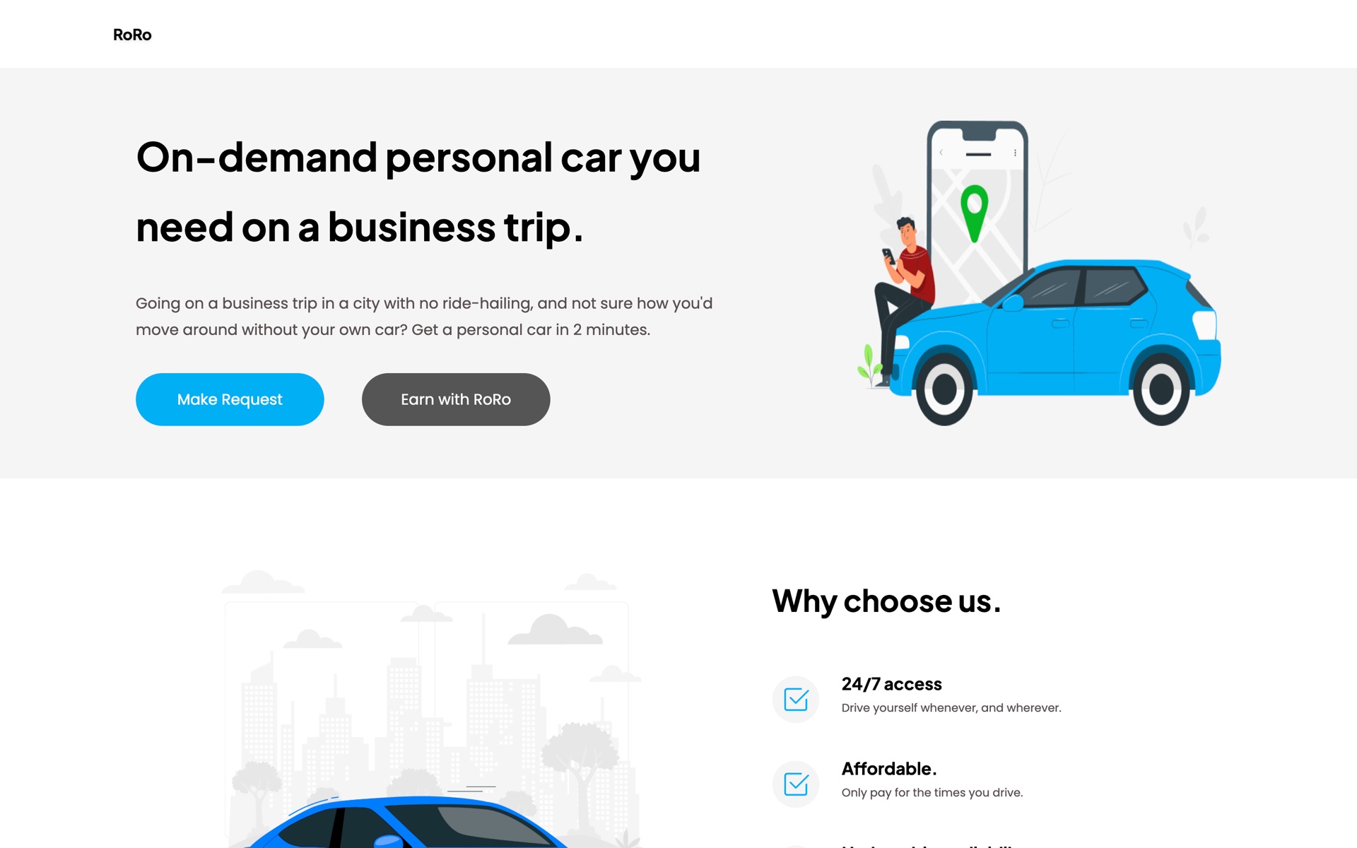 Carquire homepage, branded RoRo, with rental enquiry links and a blue car illustration